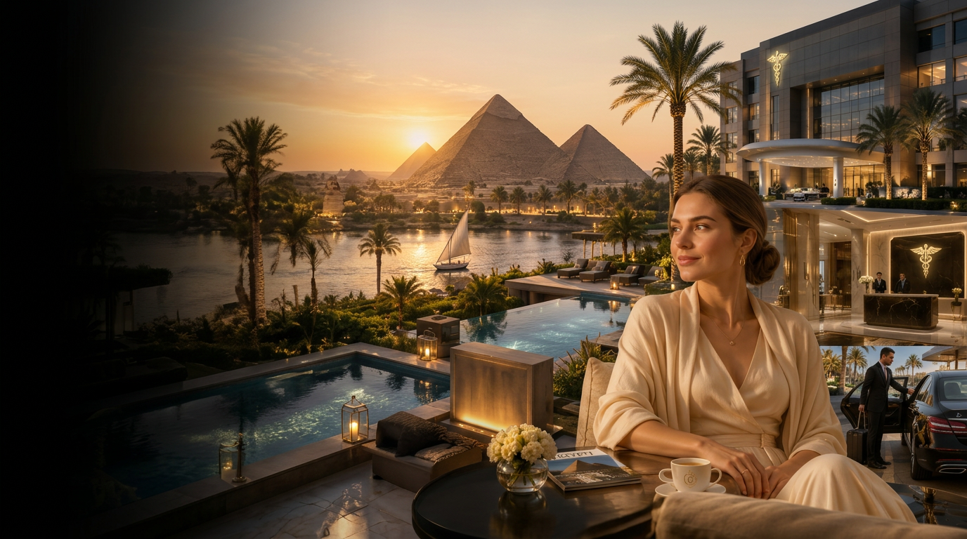 Luxury medical tourism in Egypt โ guest arriving at a premium hotel with Giza pyramids at sunset